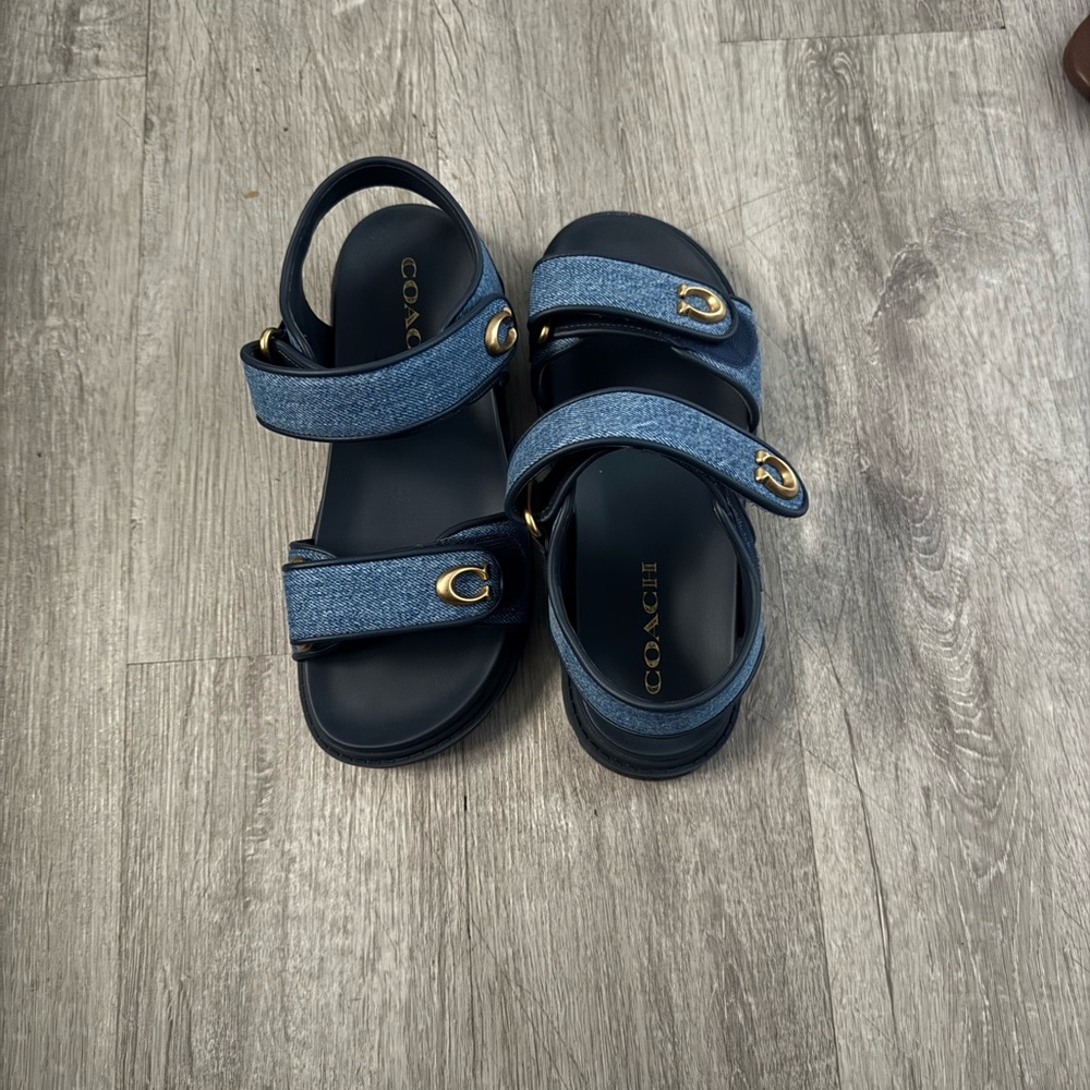 Coach Blue Denim Strap Sandals with Gold Hardware
